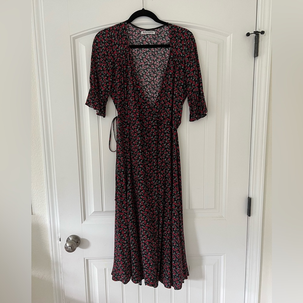 Reformation Black and Red Floral Midi Dress